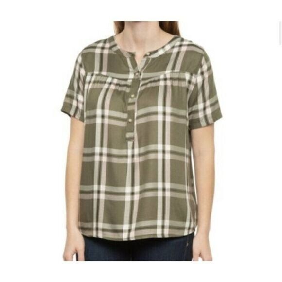 C&C California Womans Plaid Short Sleeve Blouse Sz Small Button Green - Picture 1 of 13